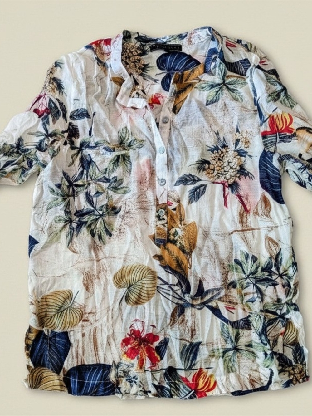 Size Sm, Floral Linen-Blend 3/4 Sleeve Top, Funsport Brand, EUC